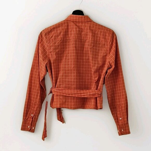 Lauren Ralph Lauren Top Womens Petite M Orange Plaid Cropped LS Tie Front Preppy - Picture 2 of 16